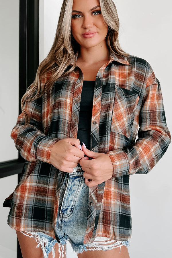 Chats By The Fire Oversized Plaid Shirt (Amber/Black) - NanaMacs