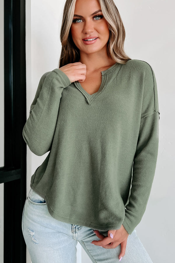 Unexplained Feelings V-Neck Long Sleeve Top (Dark Olive) - NanaMacs