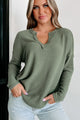 Unexplained Feelings V-Neck Long Sleeve Top (Dark Olive) - NanaMacs