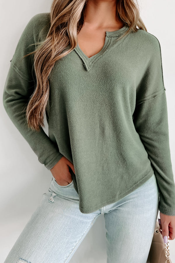 Unexplained Feelings V-Neck Long Sleeve Top (Dark Olive) - NanaMacs