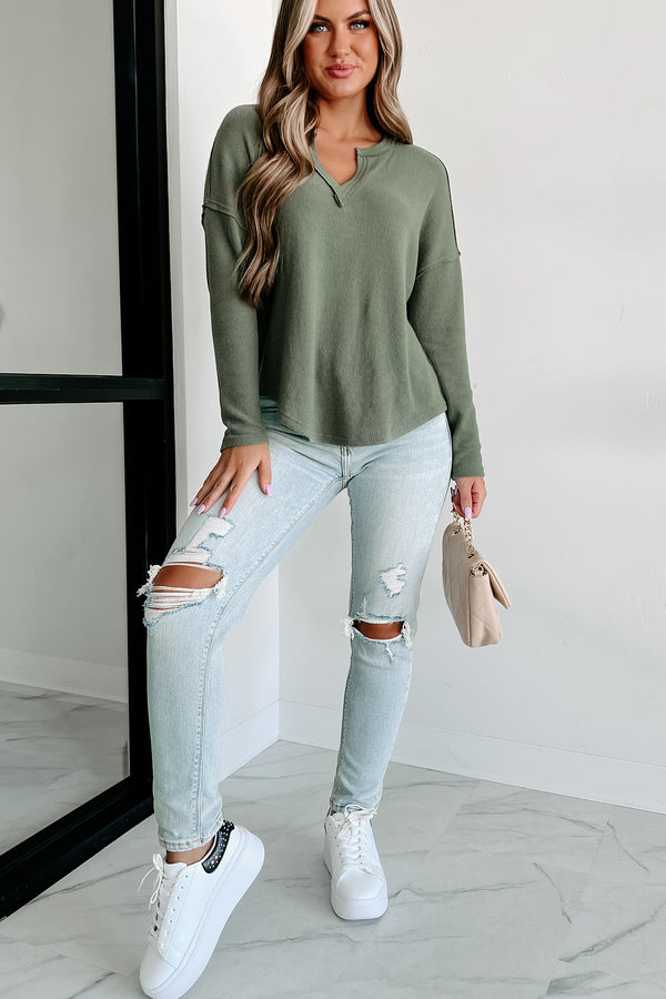 Unexplained Feelings V-Neck Long Sleeve Top (Dark Olive) - NanaMacs