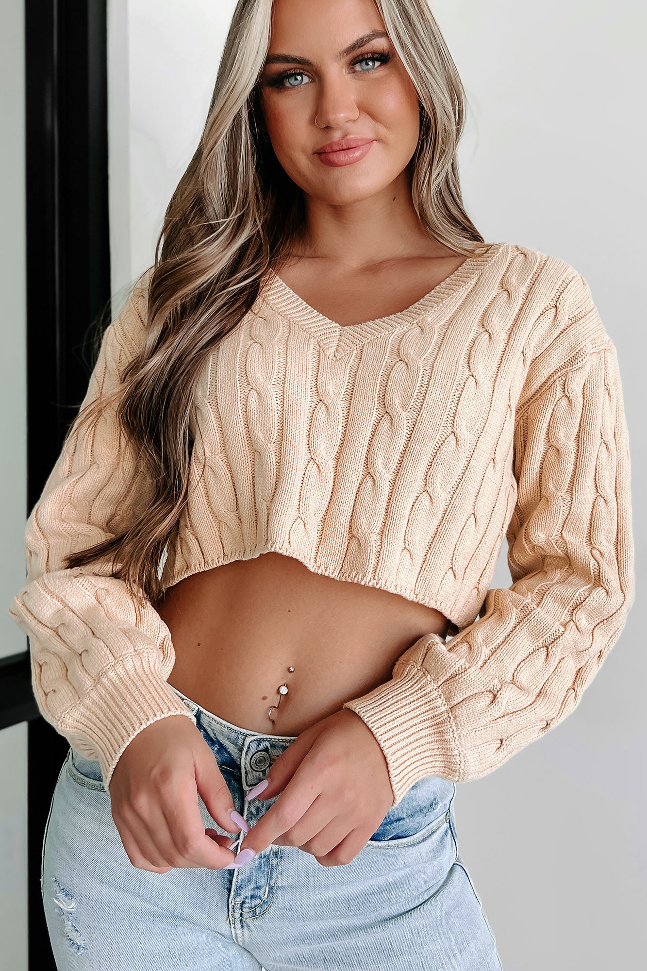 Say What You Want Cropped Cable Knit Sweater (Beige) - NanaMacs