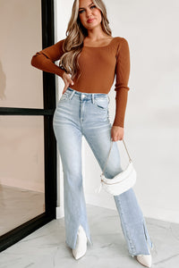 Calliope High Rise Split Hem Risen Flare Jeans (Light) - NanaMacs