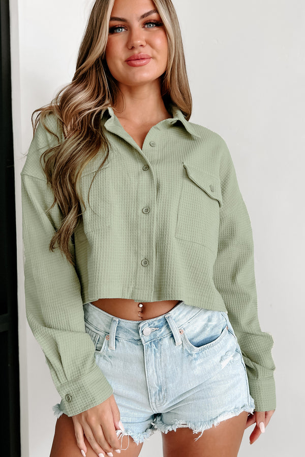 Try Again Waffle Knit Crop Shacket (Sage) - NanaMacs