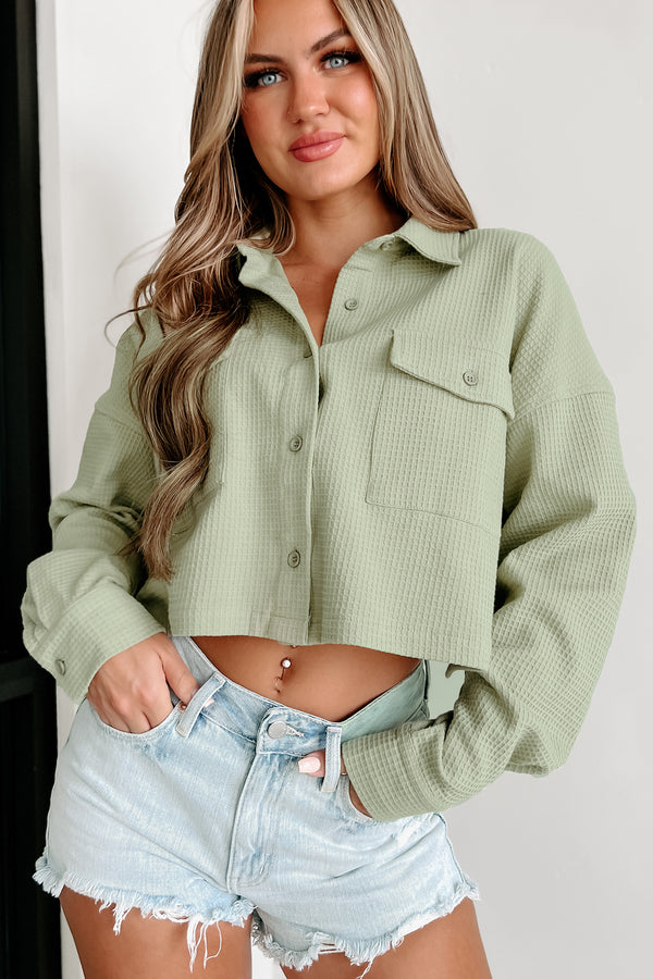 Try Again Waffle Knit Crop Shacket (Sage) - NanaMacs