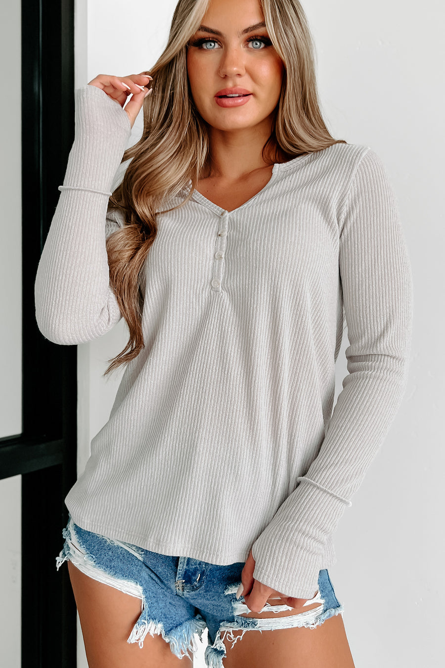 Spending Time Together Ribbed Buttoned Long Sleeve Top (Stone) - NanaMacs
