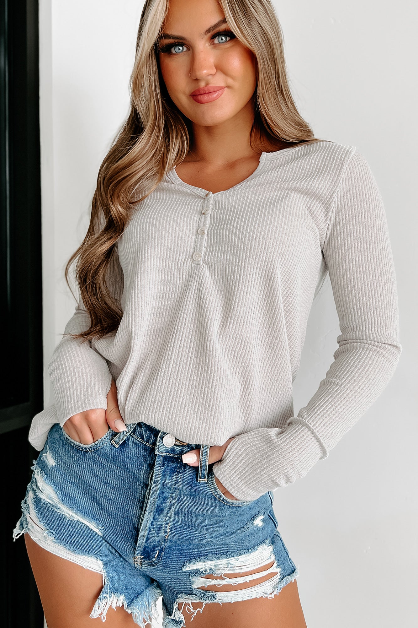 Spending Time Together Ribbed Buttoned Long Sleeve Top (Stone) - NanaMacs