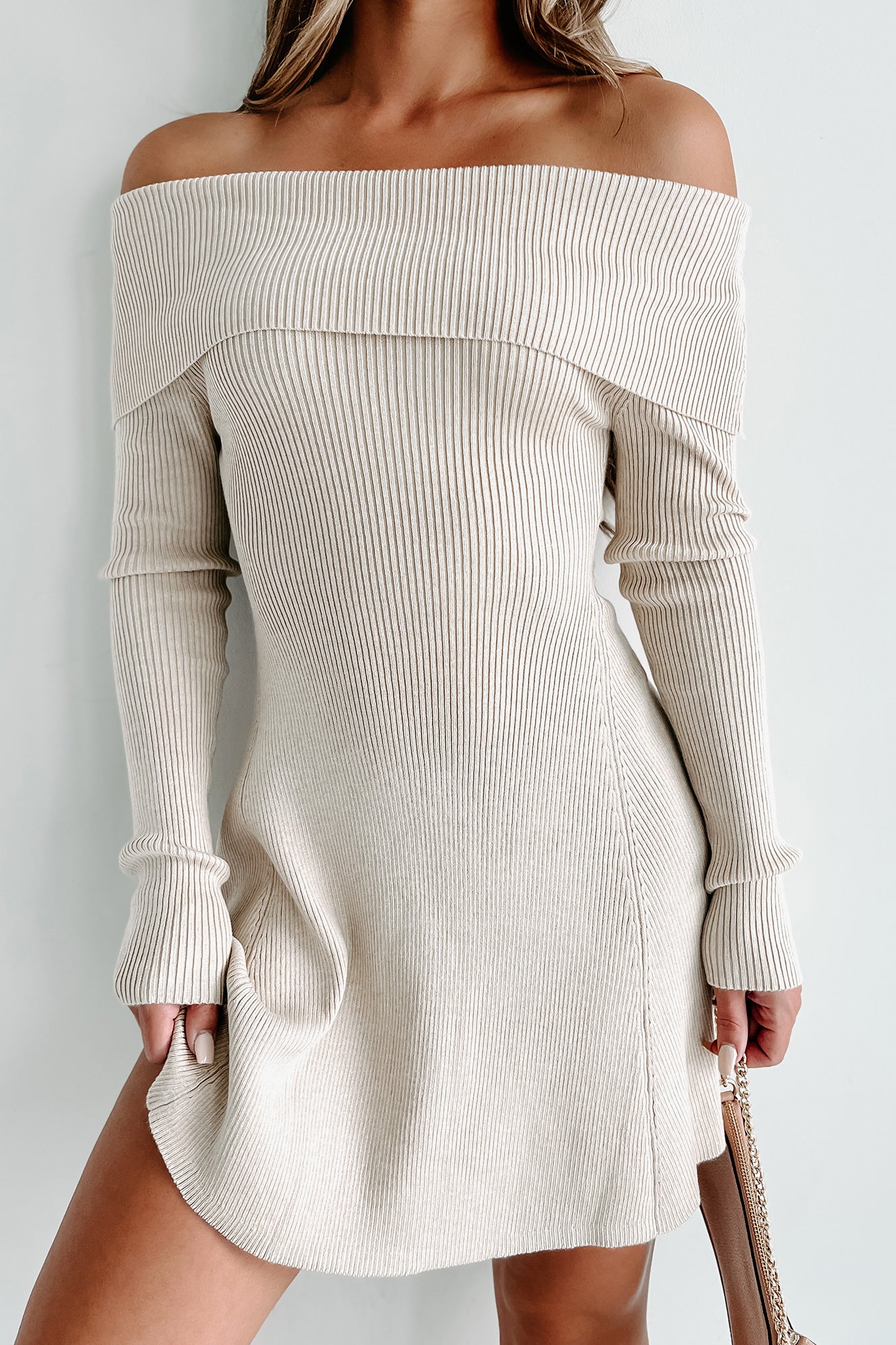 Lost In A Memory Off The Shoulder Sweater Dress (Oatmeal) - NanaMacs