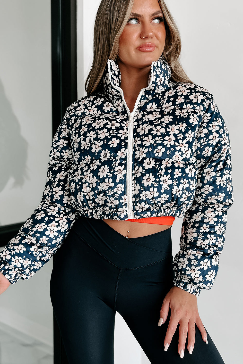 What A Cutie Cropped Floral Puffer Jacket (Navy) - NanaMacs