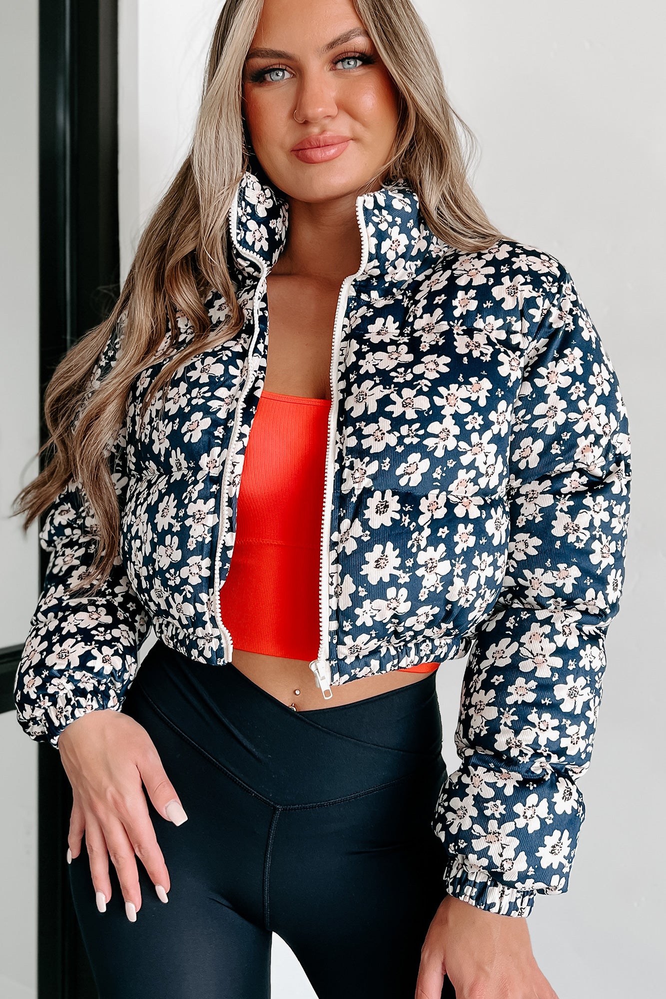 What A Cutie Cropped Floral Puffer Jacket (Navy) - NanaMacs
