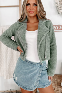 Autumn Air Cropped Sherpa Moto Jacket (Sage Green) - NanaMacs