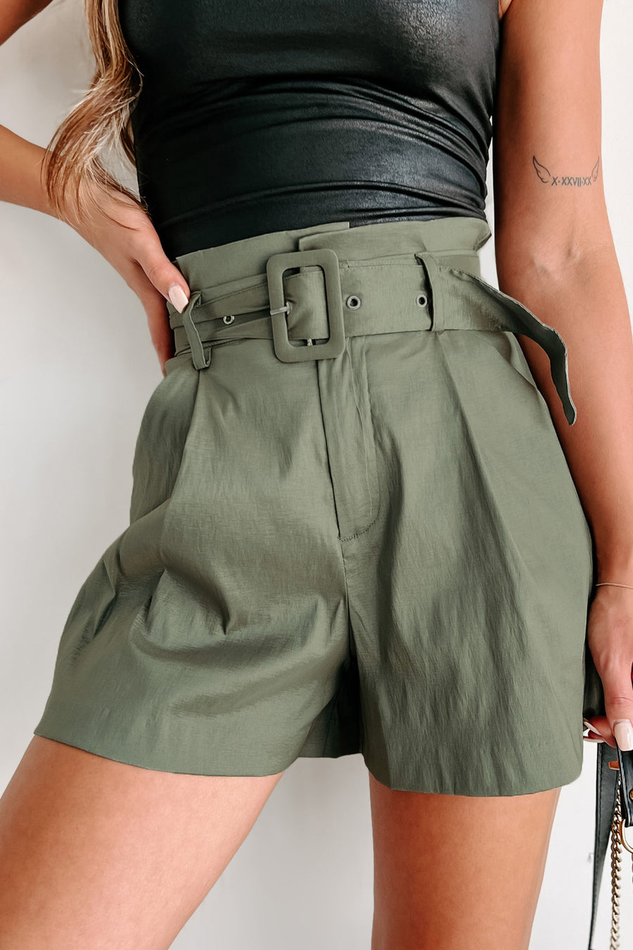 Trend Maker Paperbag Waist Shorts (Olive) - NanaMacs