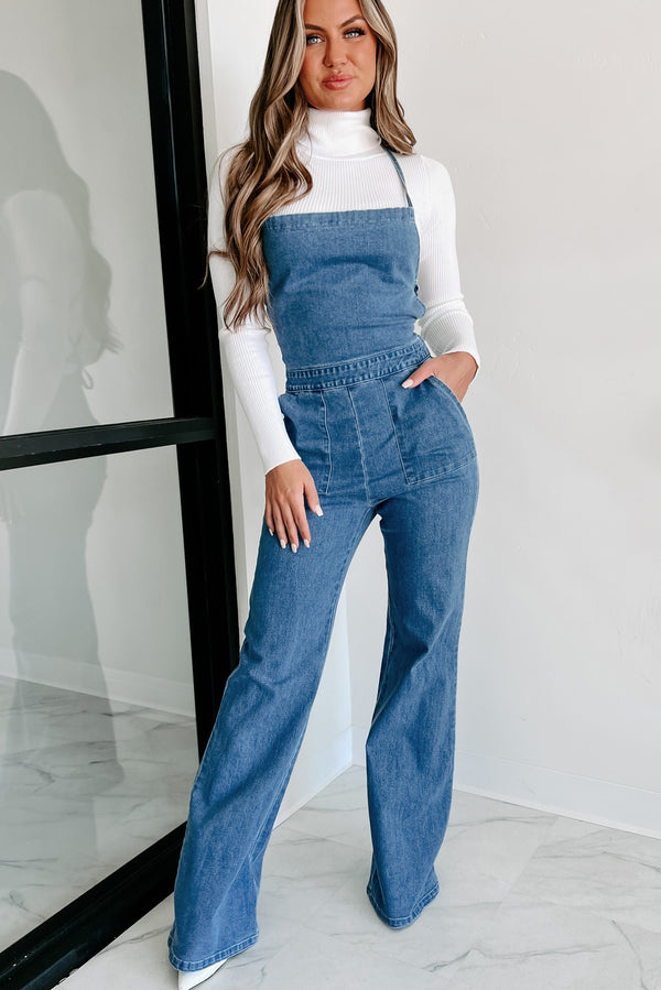 Denim Gypsy Flared Denim Jumpsuit With Open Back (Denim) - NanaMacs