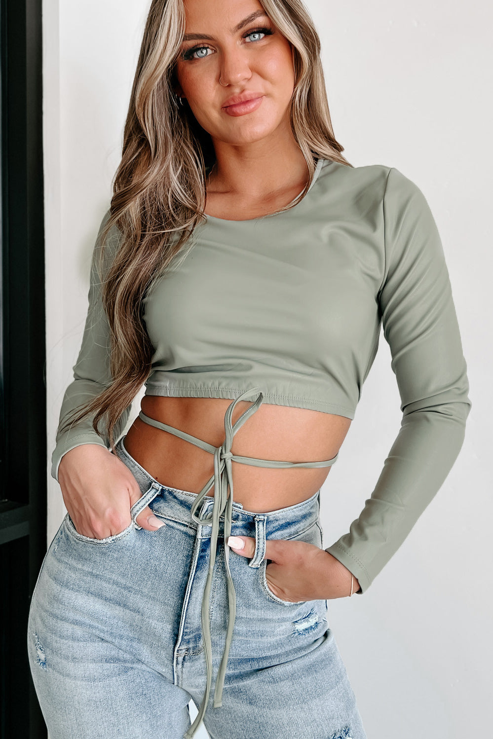 Going Out Tonight Faux Leather Long Sleeve Crop Top (Sage) - NanaMacs