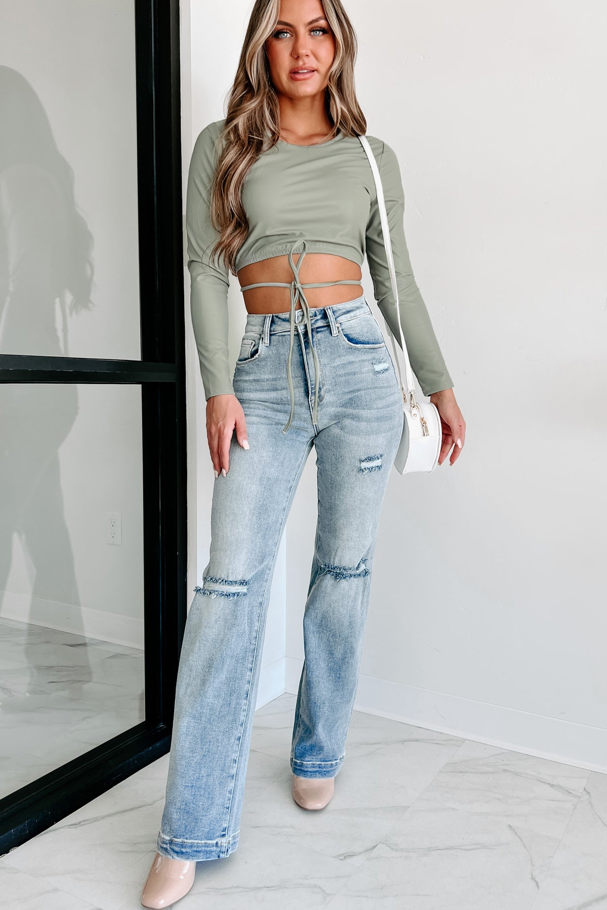 Going Out Tonight Faux Leather Long Sleeve Crop Top (Sage) - NanaMacs