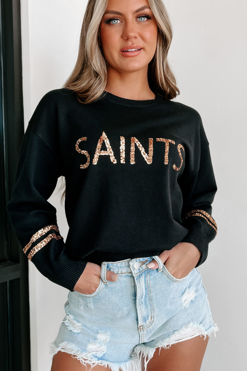 "Saints" Sequin Graphic Sweater (Black/Gold) - NanaMacs