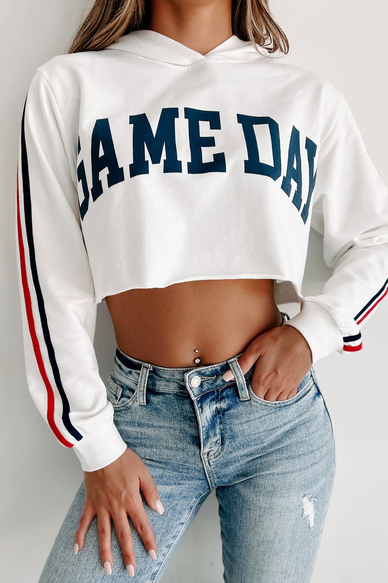 Varsity Squad "Gameday" Crop Hoodie Top (Ivory) - NanaMacs