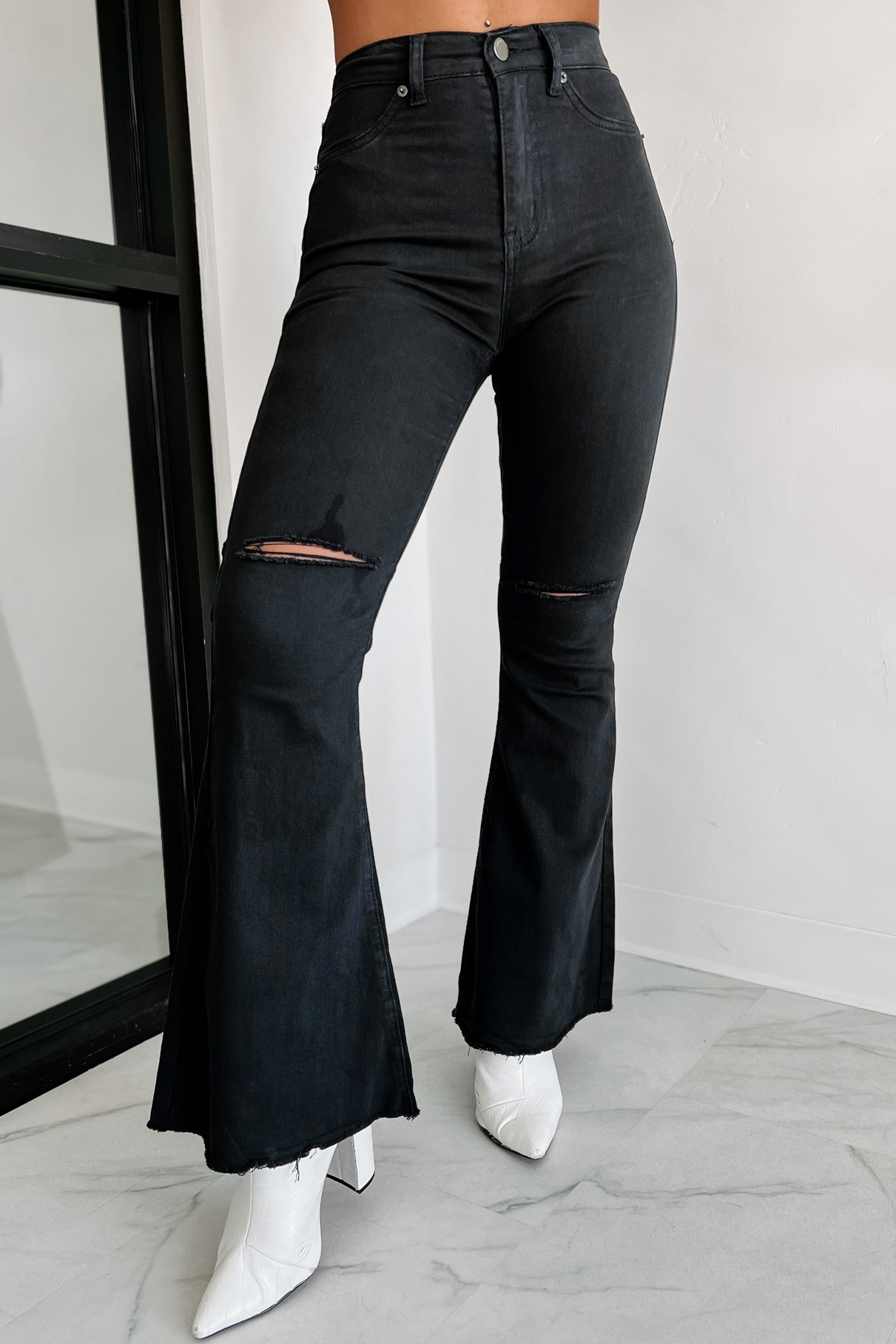 Fleetwood High Rise Distressed Flare Jeans (Black) - NanaMacs