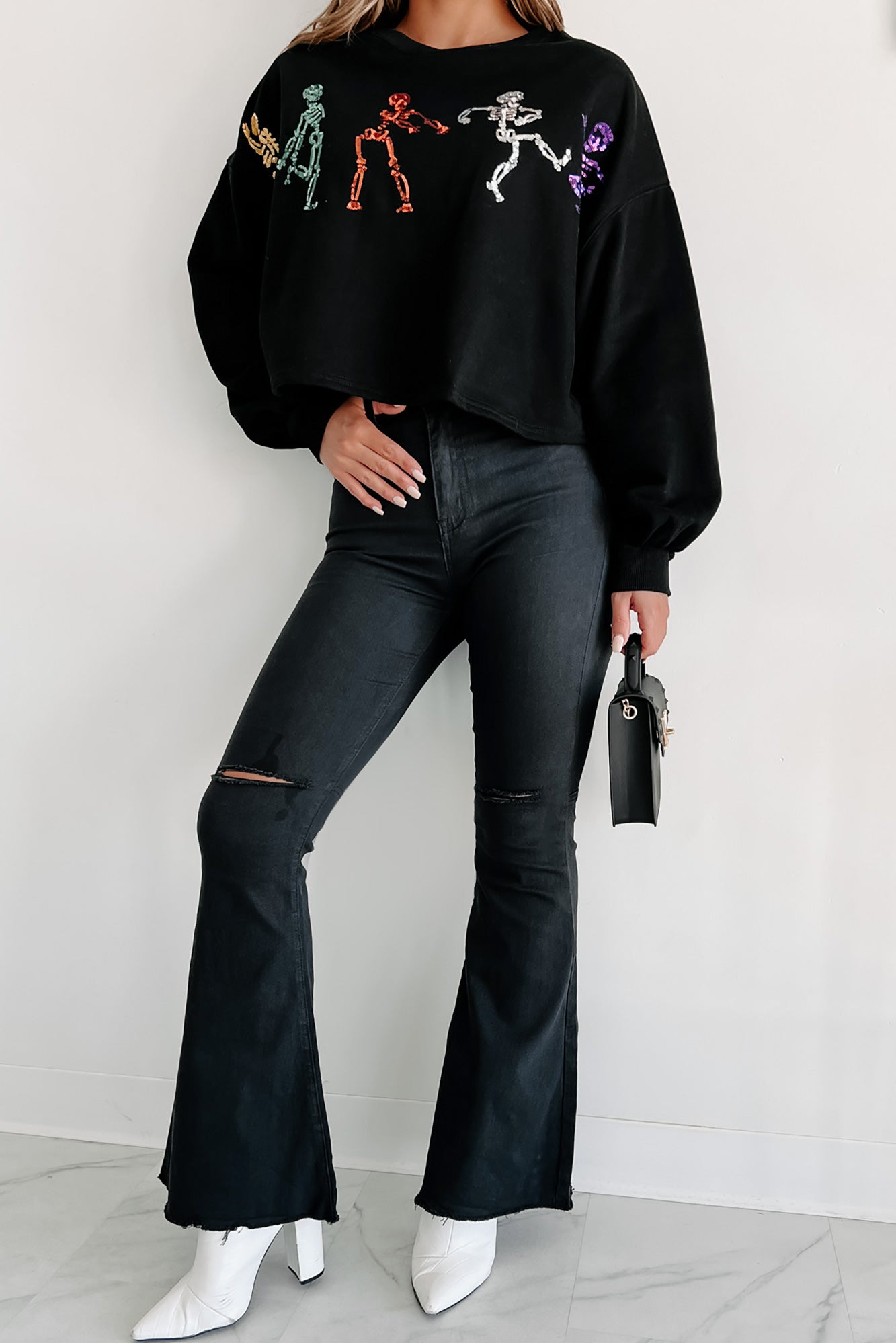 Fleetwood High Rise Distressed Flare Jeans (Black) - NanaMacs