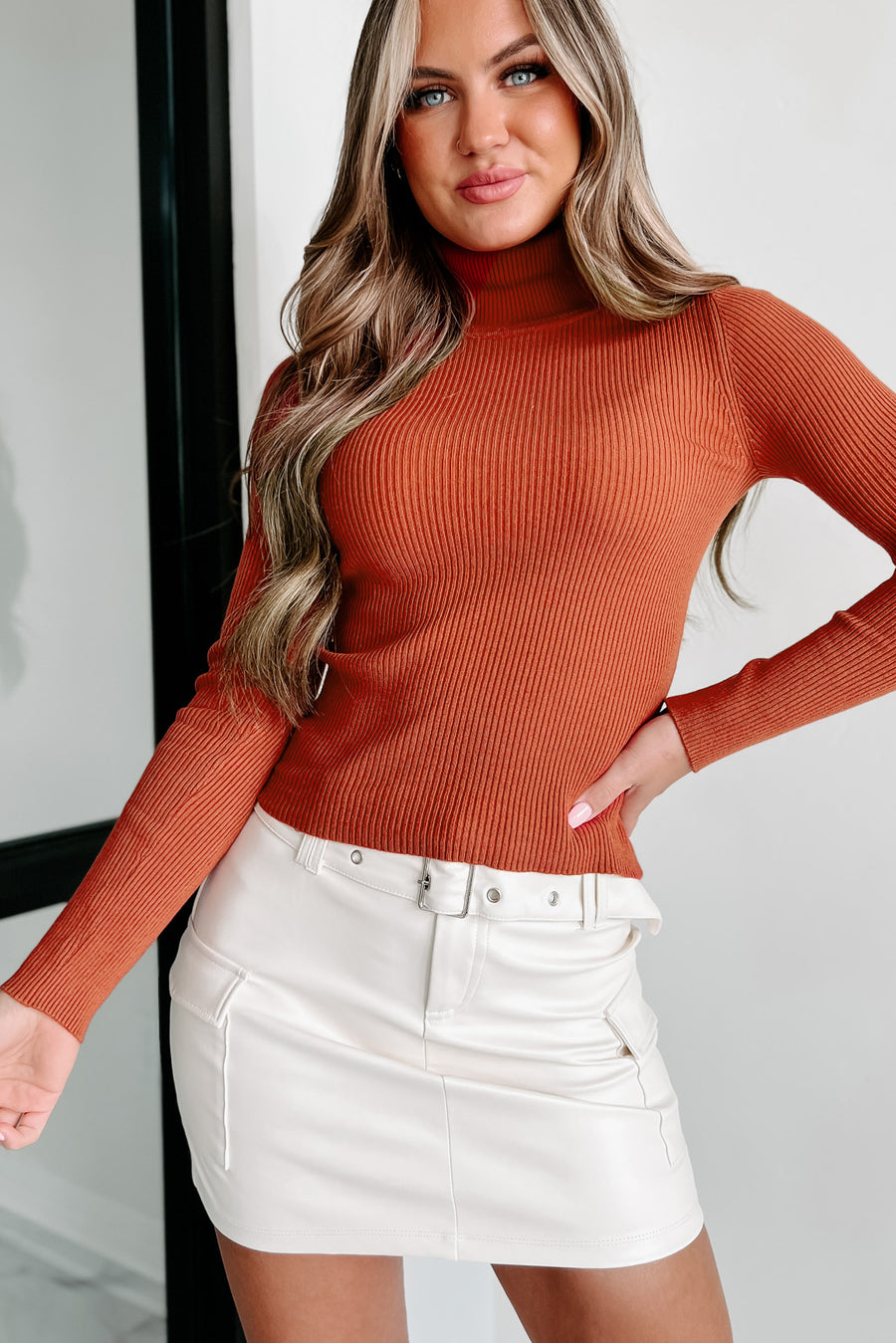 Don't Disappoint Me Long Sleeve Ribbed Turtleneck Top (Redwood) - NanaMacs
