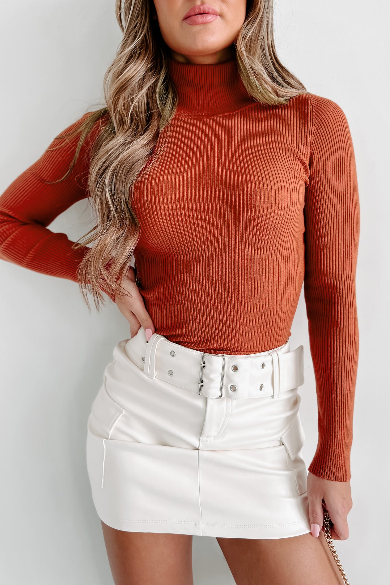 Don't Disappoint Me Long Sleeve Ribbed Turtleneck Top (Redwood) - NanaMacs