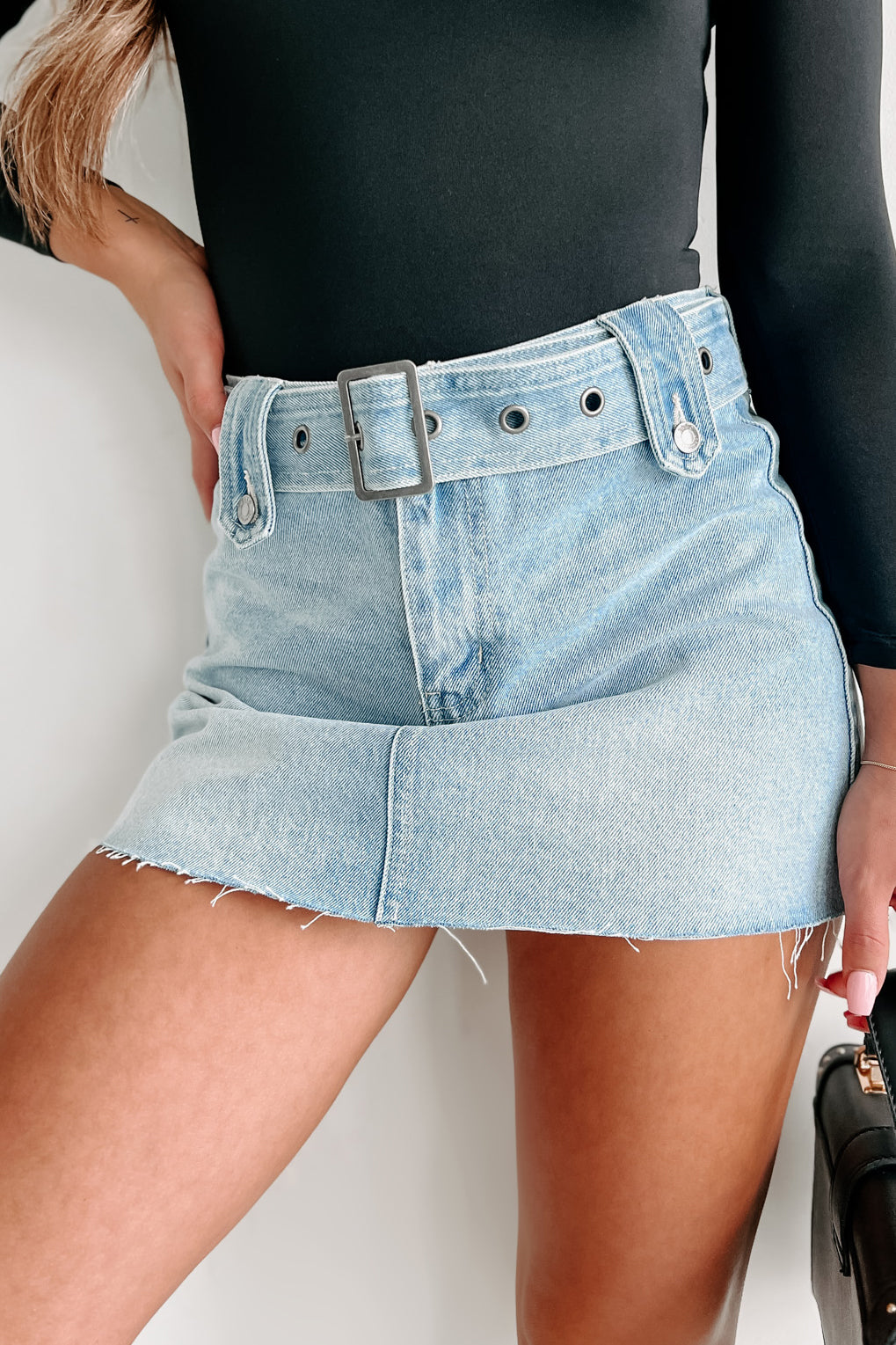 Throwback Thrills Belted Denim Mini Skirt (Light Denim) - NanaMacs