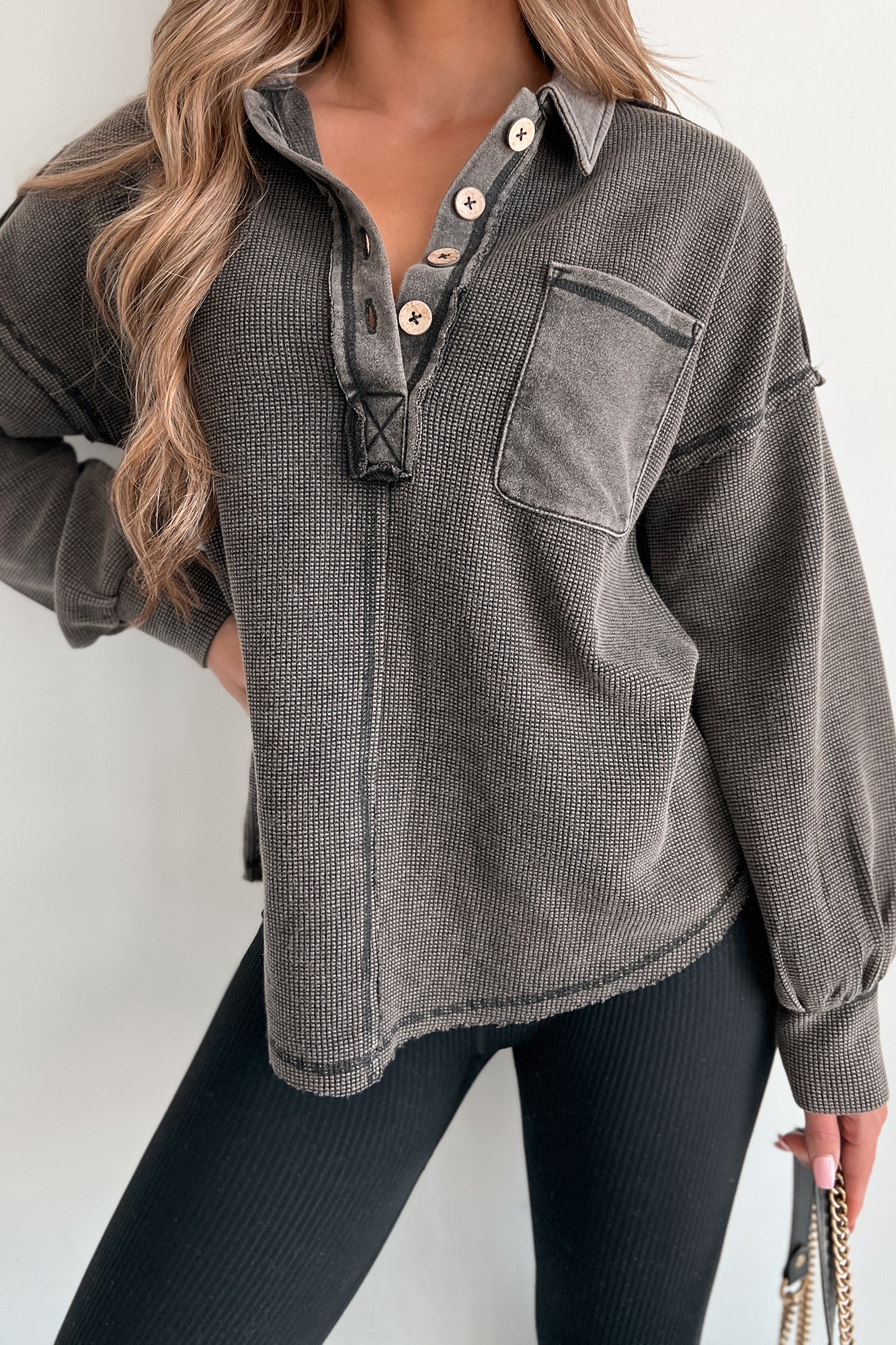 Forever Daydreaming Mineral Wash Collared Henley Top (Black) - NanaMacs