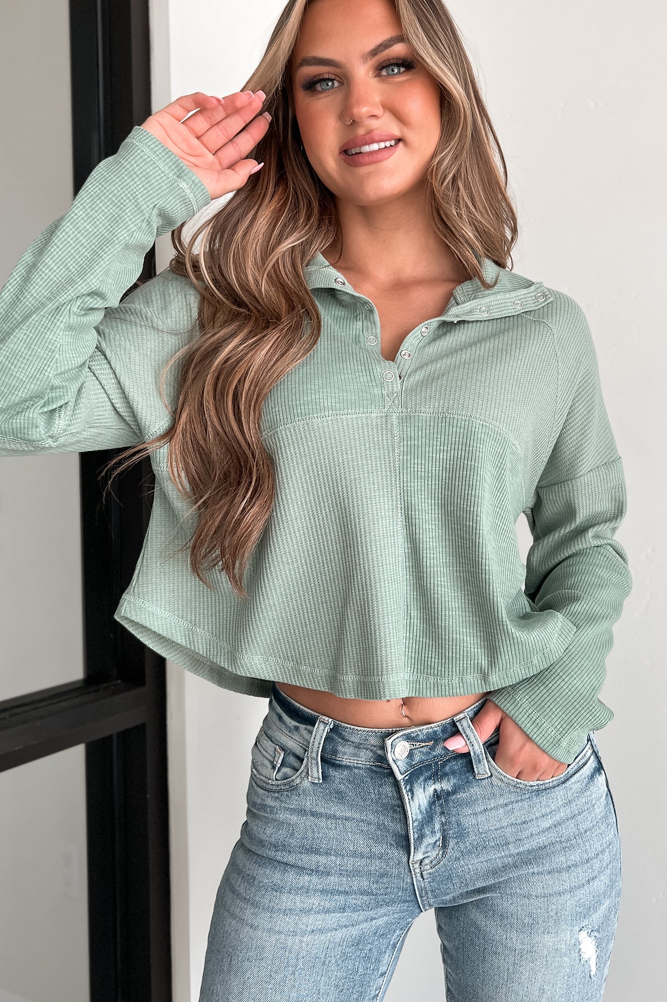 Know Your Mind Mixed Knit Henley Crop Top (Sage) · NanaMacs