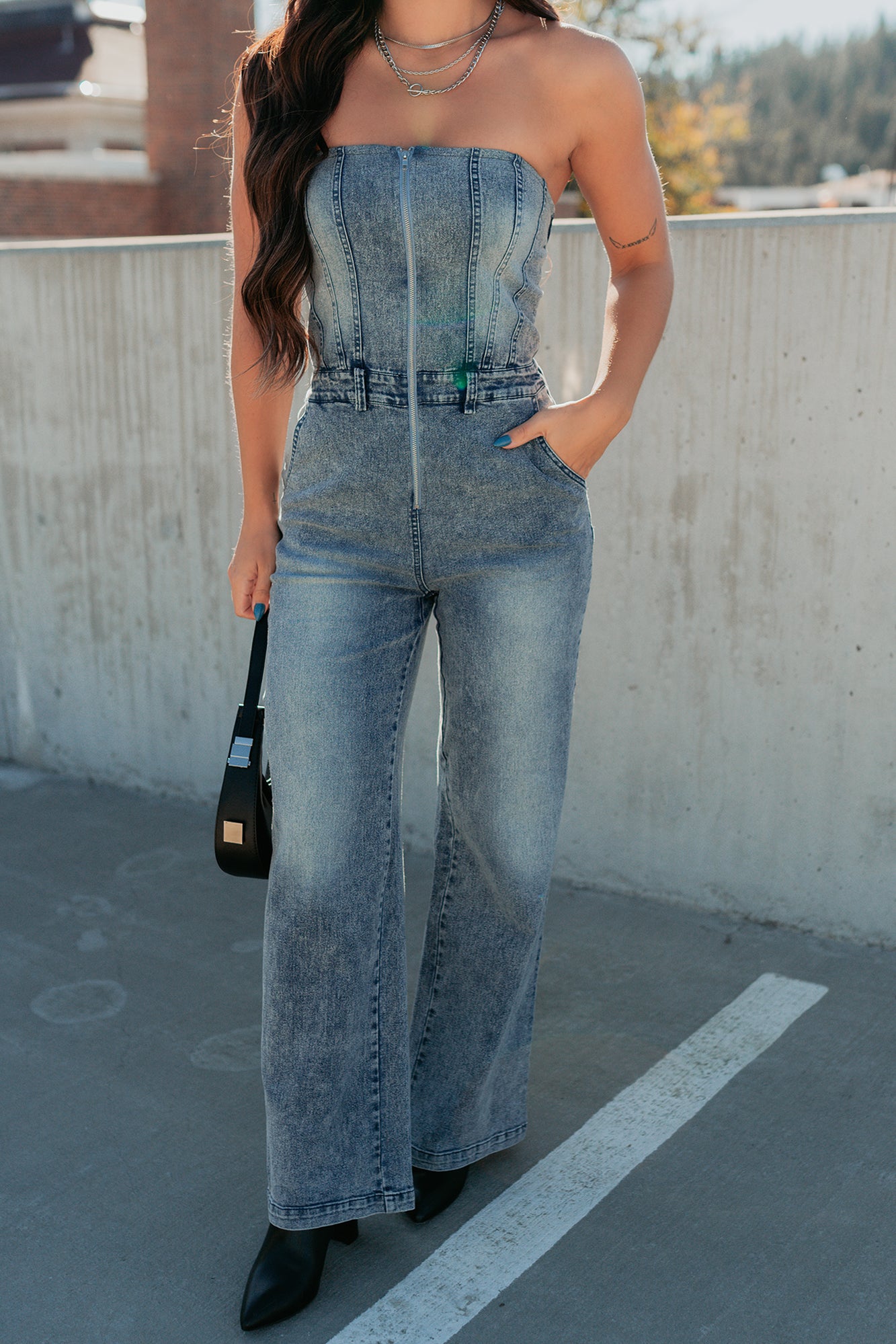 Your Idol Denim Strapless Wide Leg Jumpsuit (Medium Wash) - NanaMacs