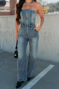 Your Idol Denim Strapless Wide Leg Jumpsuit (Medium Wash) - NanaMacs