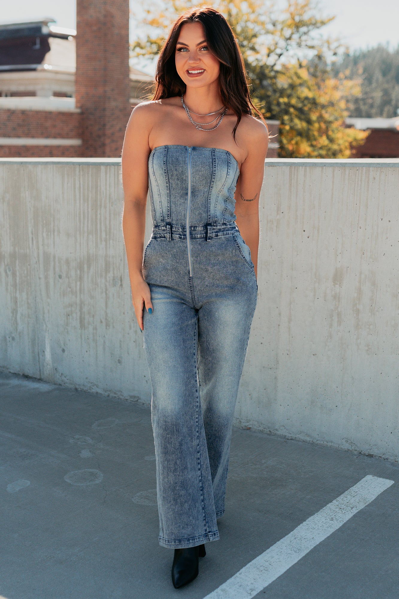 Your Idol Denim Strapless Wide Leg Jumpsuit (Medium Wash) - NanaMacs