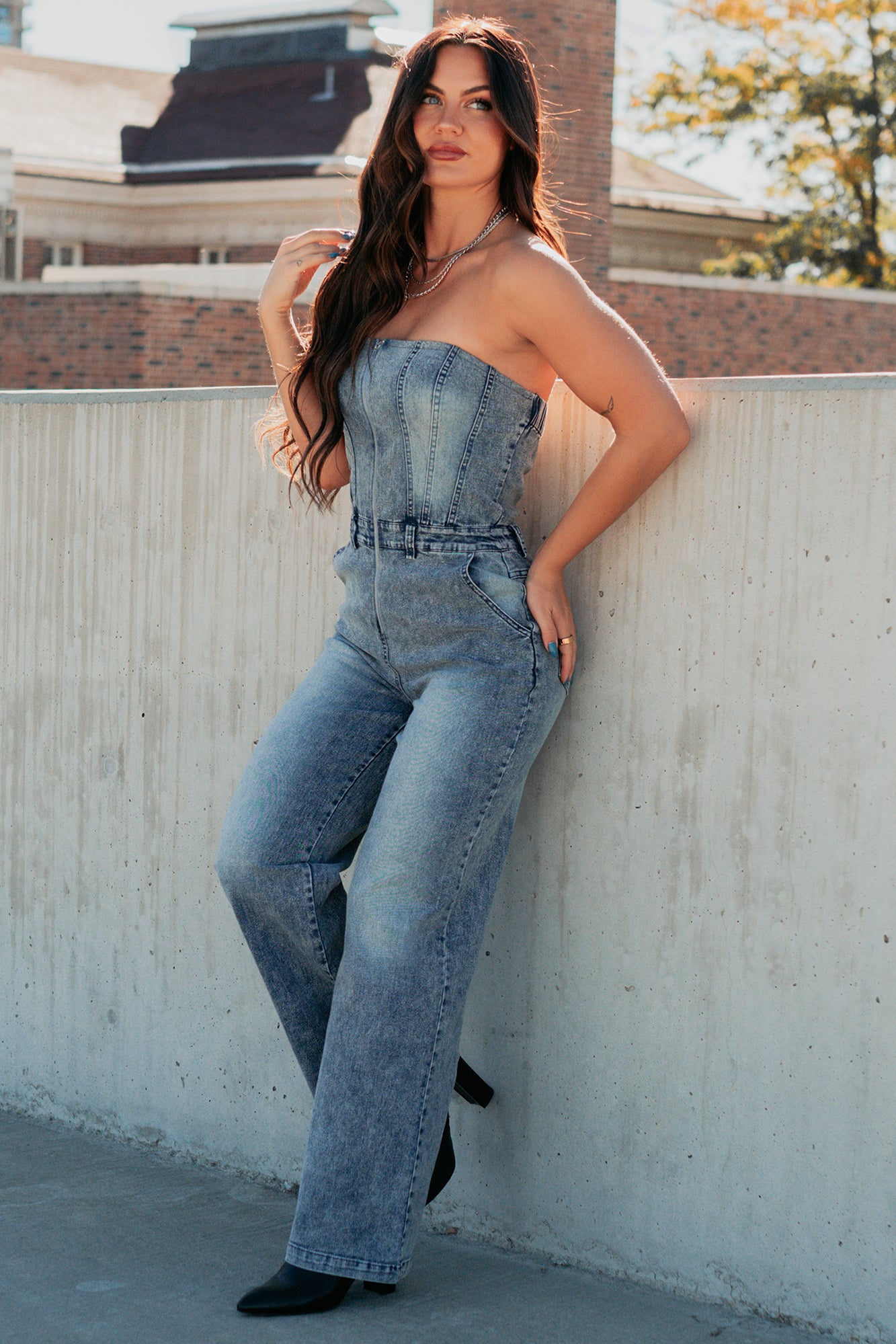 Your Idol Denim Strapless Wide Leg Jumpsuit (Medium Wash) - NanaMacs