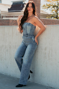 Your Idol Denim Strapless Wide Leg Jumpsuit (Medium Wash) - NanaMacs