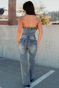 Your Idol Denim Strapless Wide Leg Jumpsuit (Medium Wash) - NanaMacs
