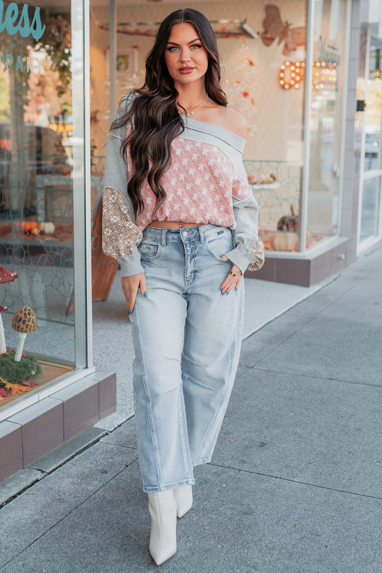 Sweet Daze Patchwork Off The Shoulder Sweater (Blush Multi) - NanaMacs