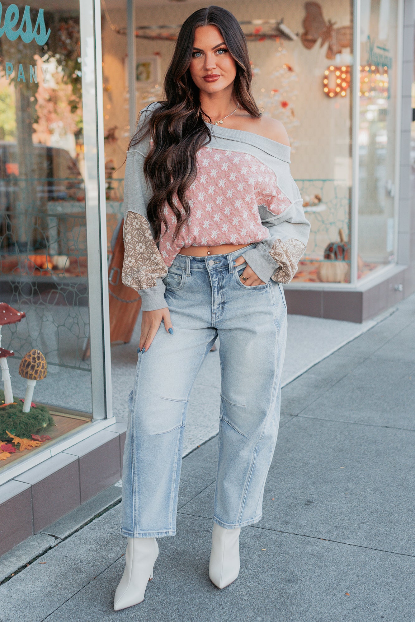 Sweet Daze Patchwork Off The Shoulder Sweater (Blush Multi) - NanaMacs
