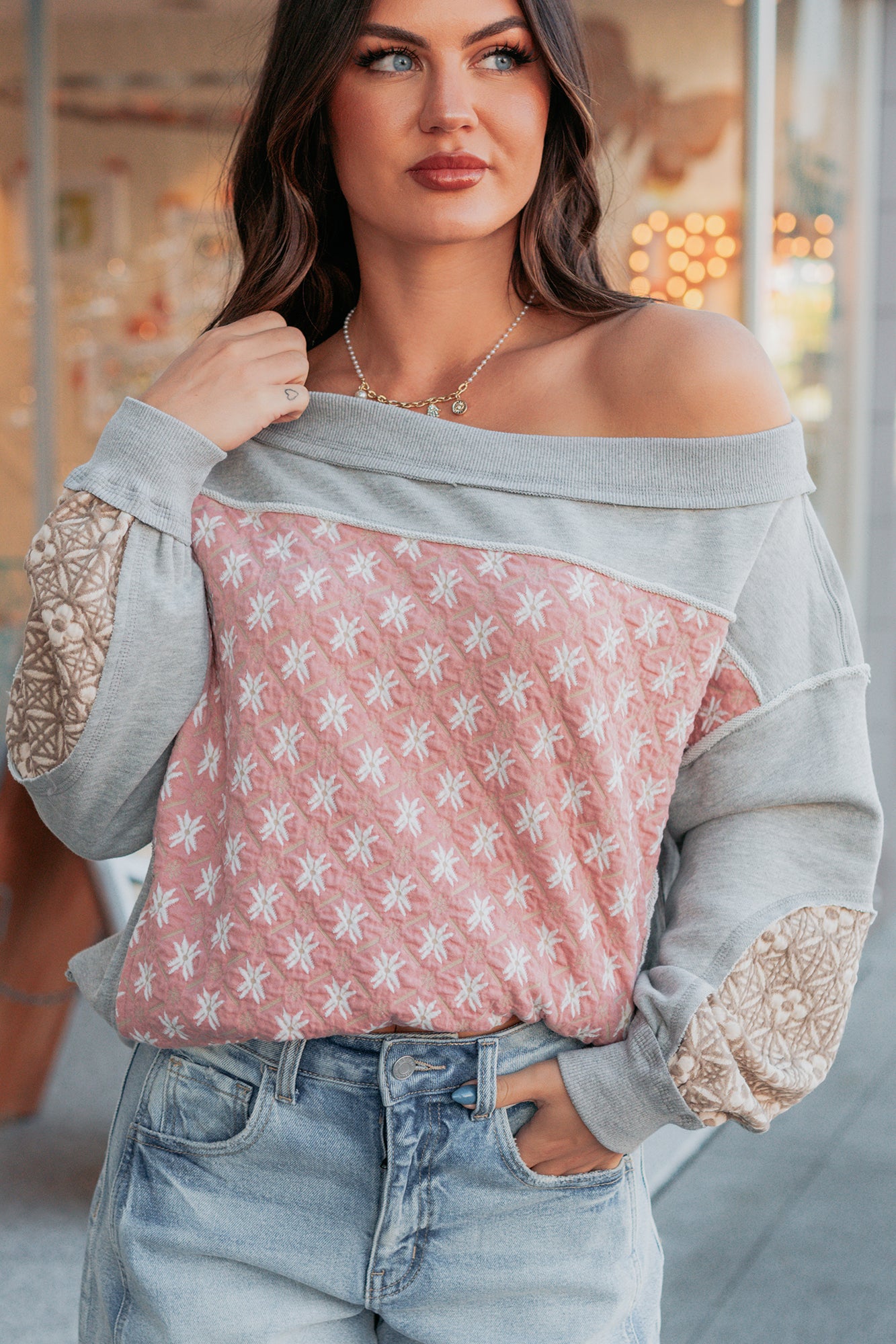 Sweet Daze Patchwork Off The Shoulder Sweater (Blush Multi) - NanaMacs