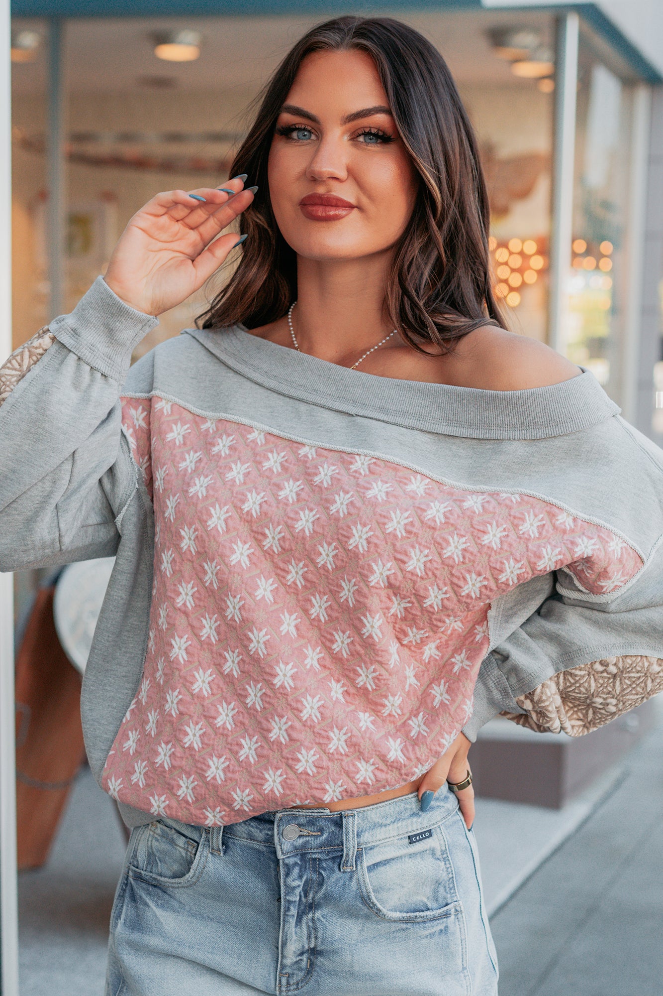 Sweet Daze Patchwork Off The Shoulder Sweater (Blush Multi) - NanaMacs