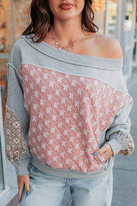 Sweet Daze Patchwork Off The Shoulder Sweater (Blush Multi) - NanaMacs
