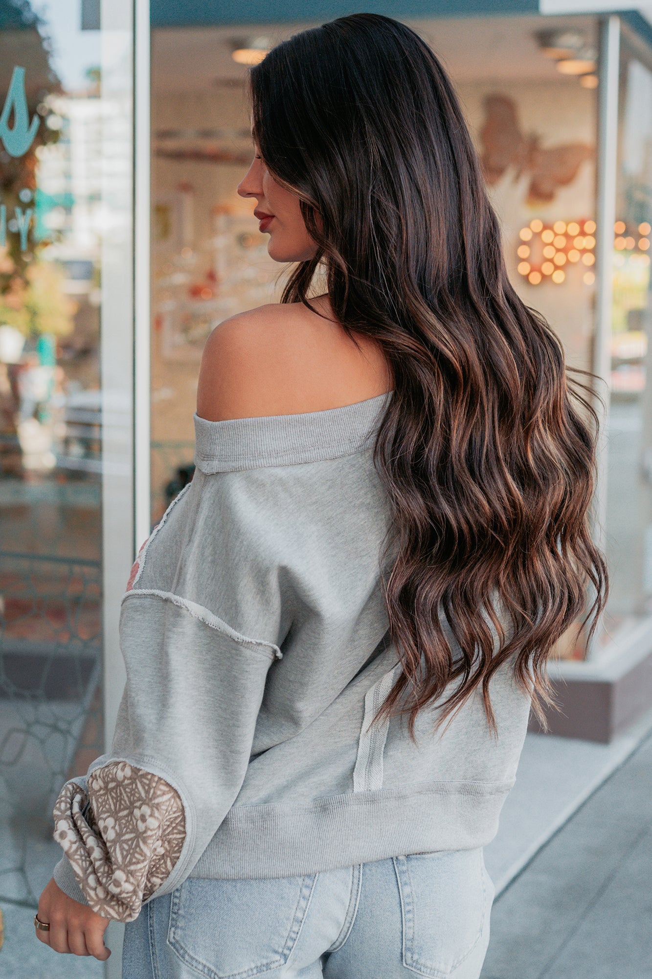 Sweet Daze Patchwork Off The Shoulder Sweater (Blush Multi) - NanaMacs