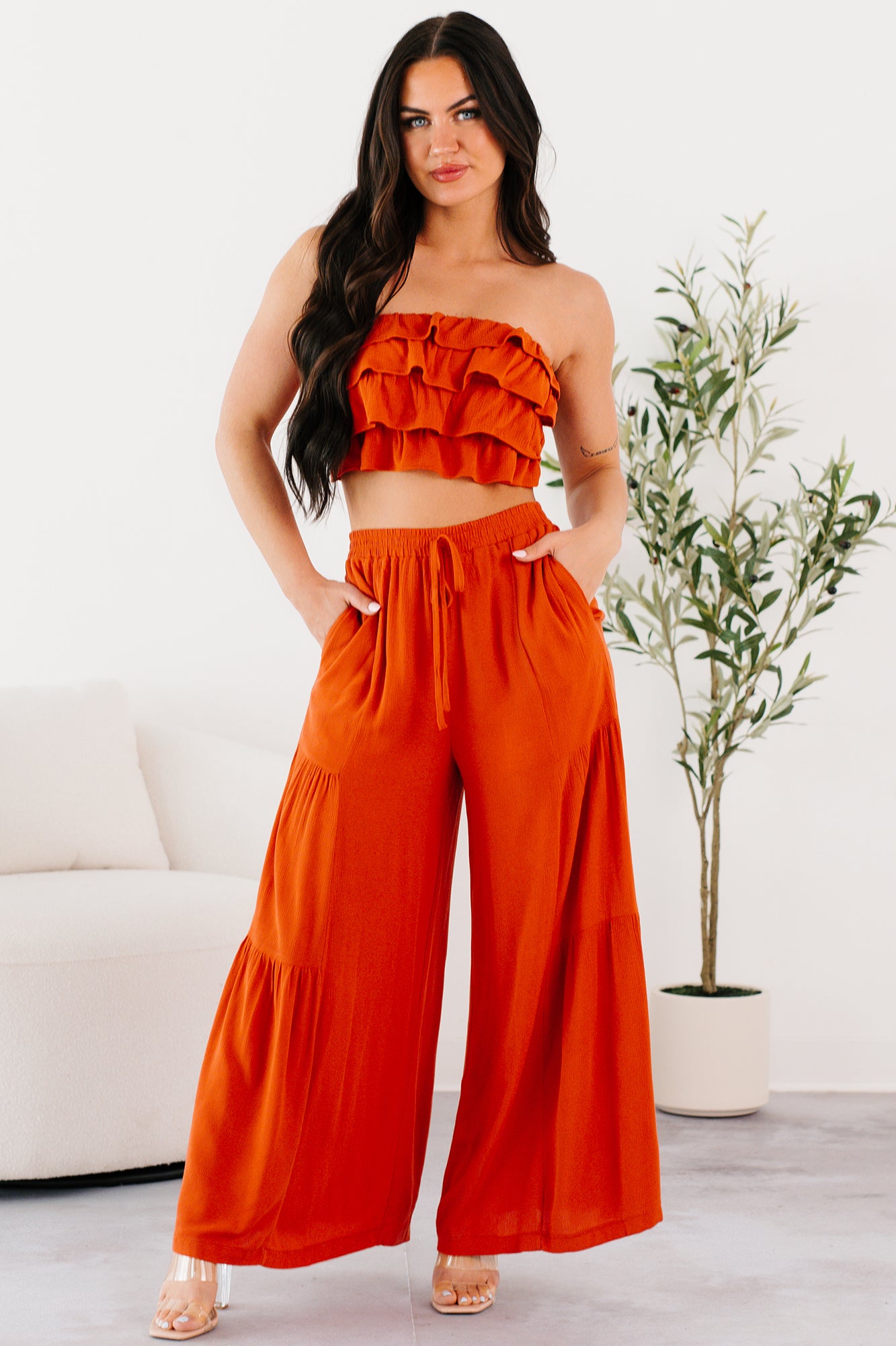 Vivid Blooms Ruffled Tube Top & Pant Set (Rust) · NanaMacs Vivid Blooms Ruffled Tube Top & Pant Set (Rust) · NanaMacs