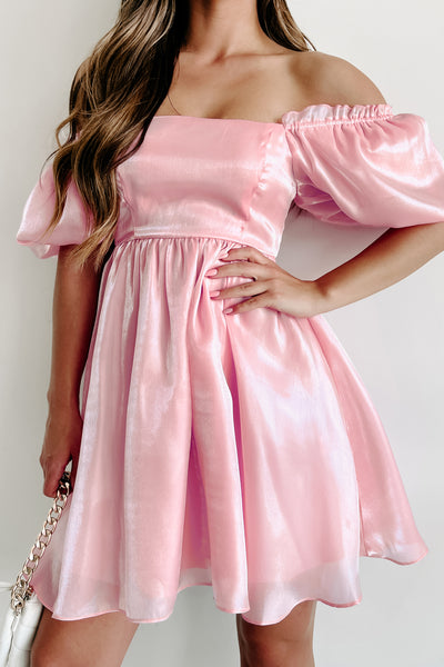 Fit For A Princess Puff Sleeve Shiny Babydoll Dress (Pink) - NanaMacs