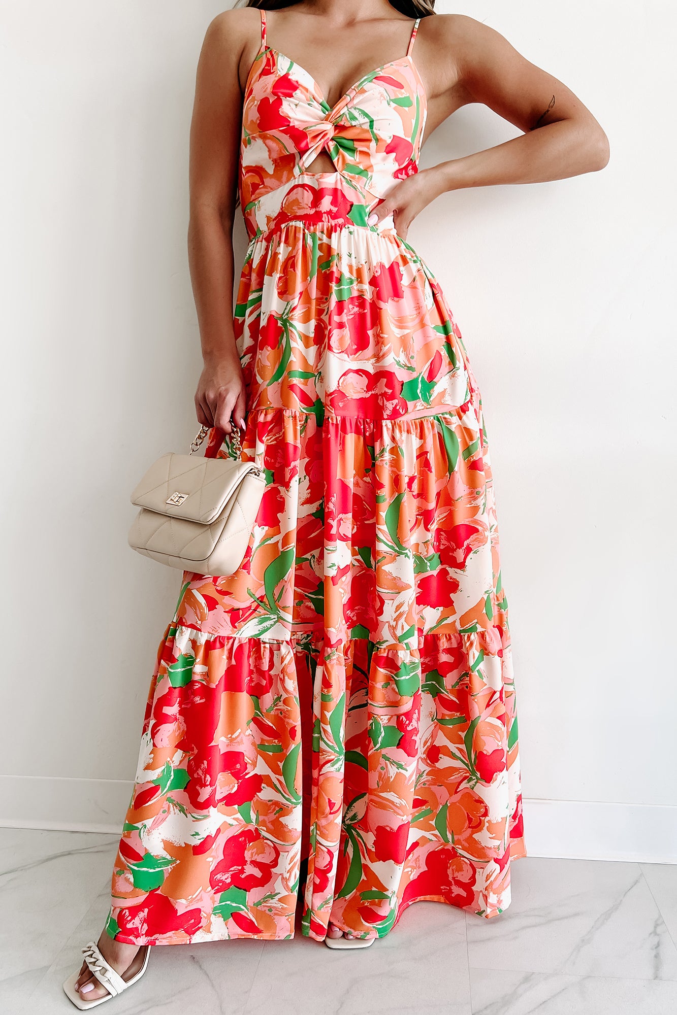 Sunshine Villa Tiered Printed Maxi Dress (Peach Multi) - NanaMacs