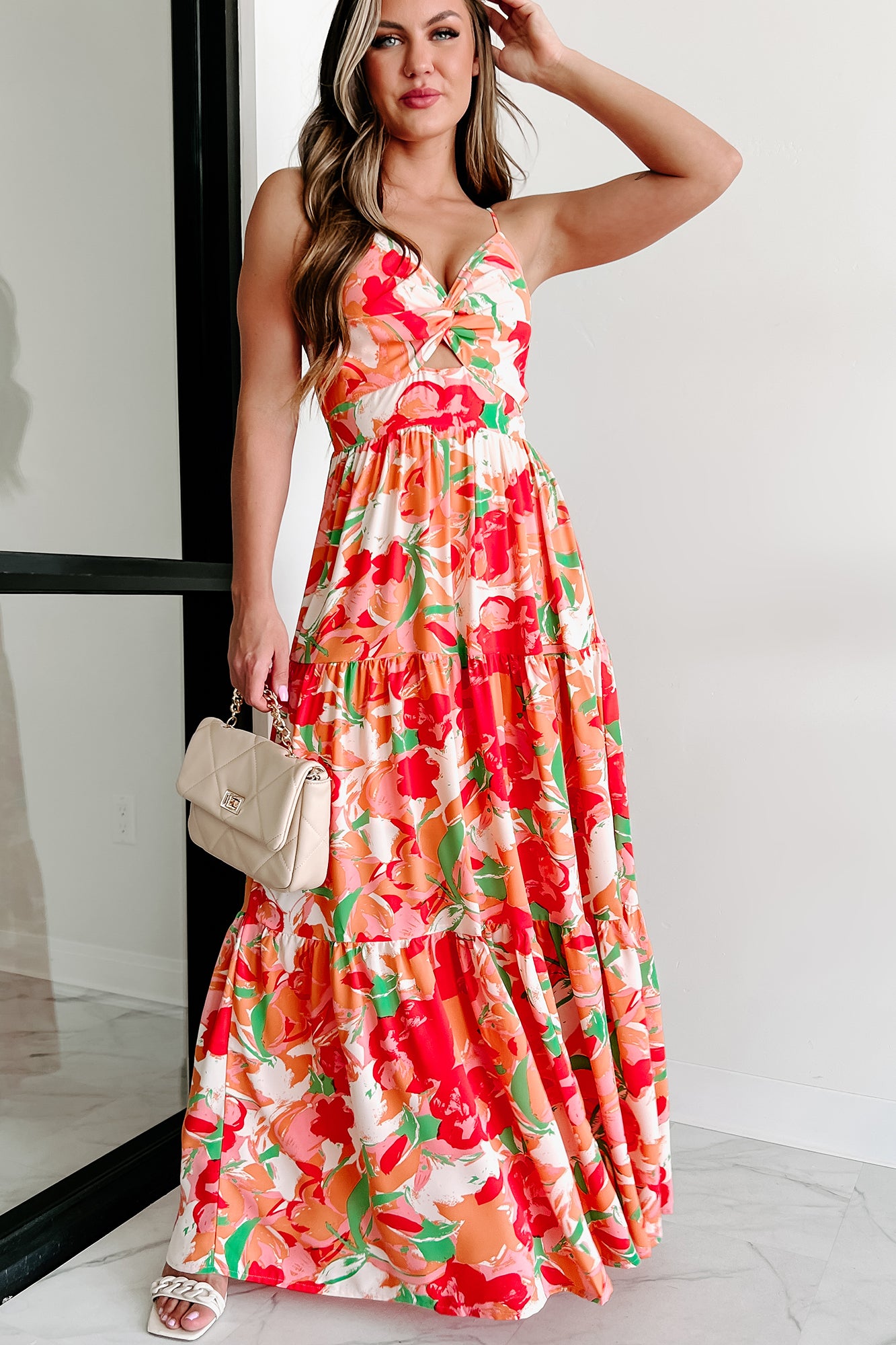 Sunshine Villa Tiered Printed Maxi Dress (Peach Multi) - NanaMacs