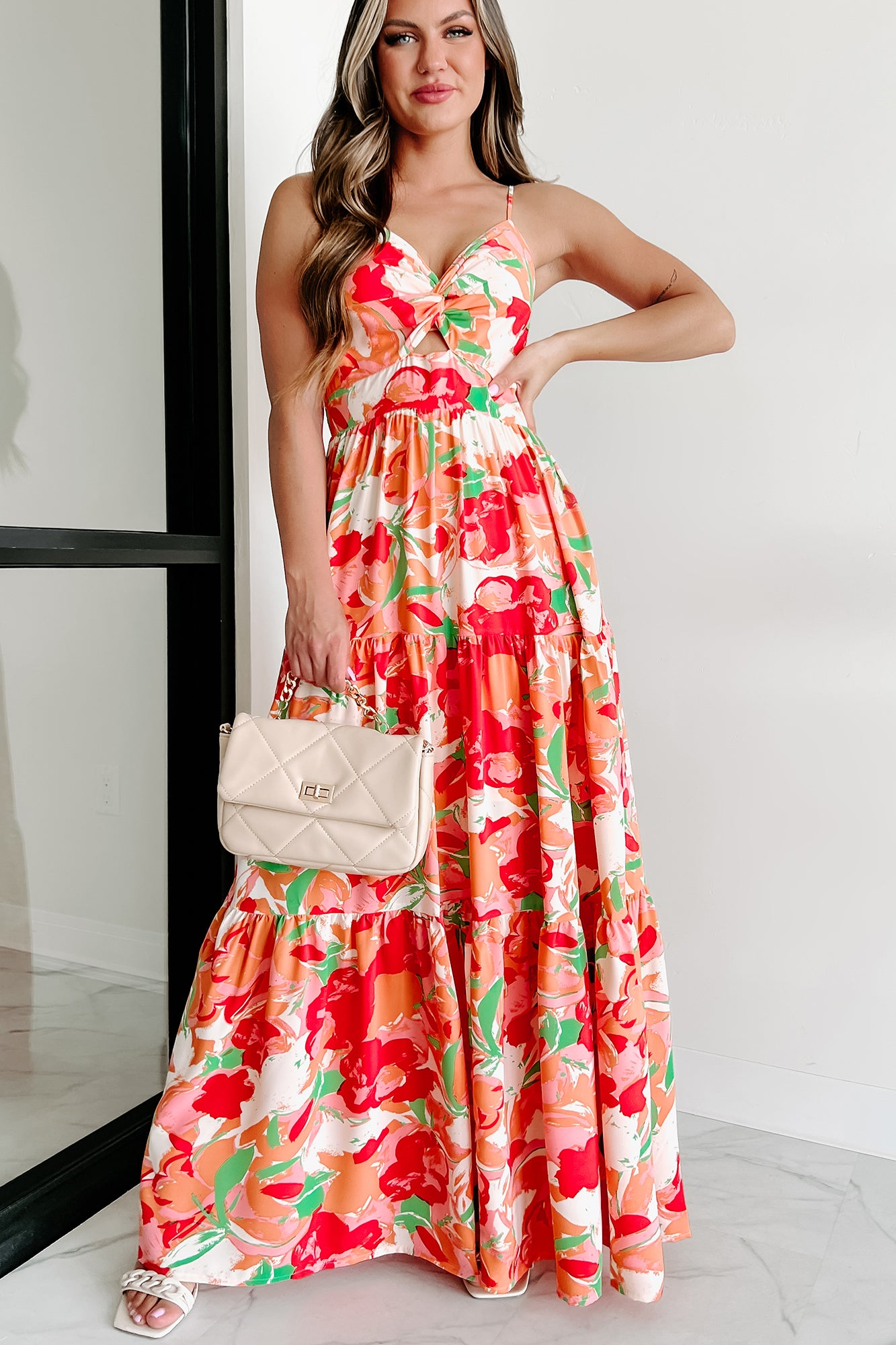 Sunshine Villa Tiered Printed Maxi Dress (Peach Multi) - NanaMacs