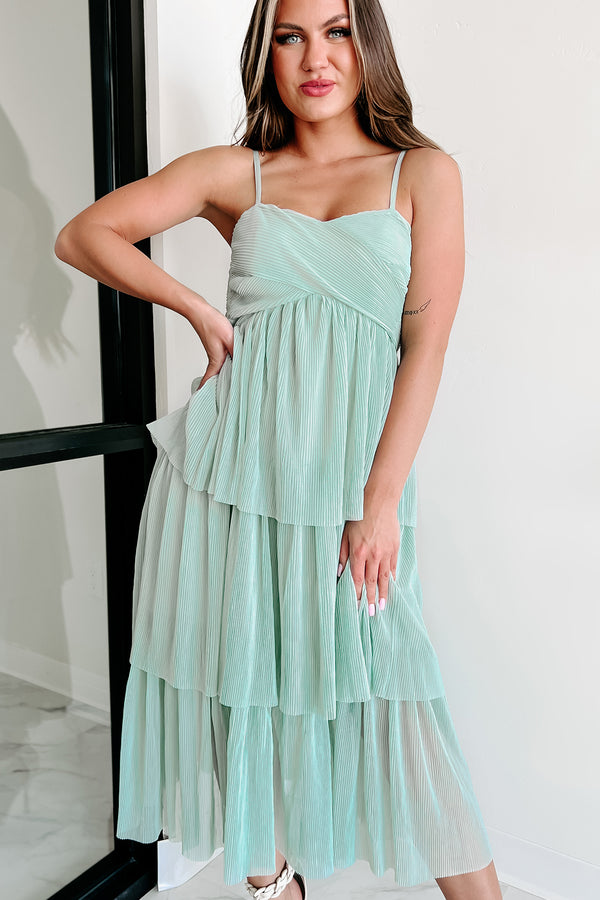 Sparking Romance Pleated Tiered Midi Dress (Sea Foam) - NanaMacs