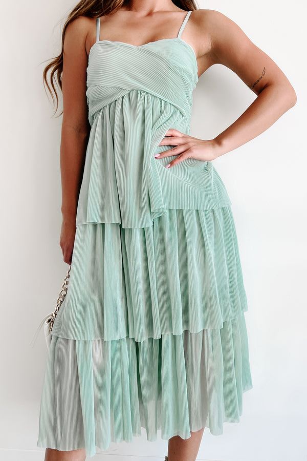 Sparking Romance Pleated Tiered Midi Dress (Sea Foam) - NanaMacs