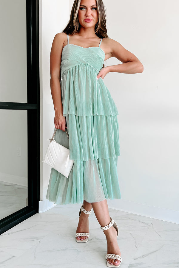 Sparking Romance Pleated Tiered Midi Dress (Sea Foam) - NanaMacs