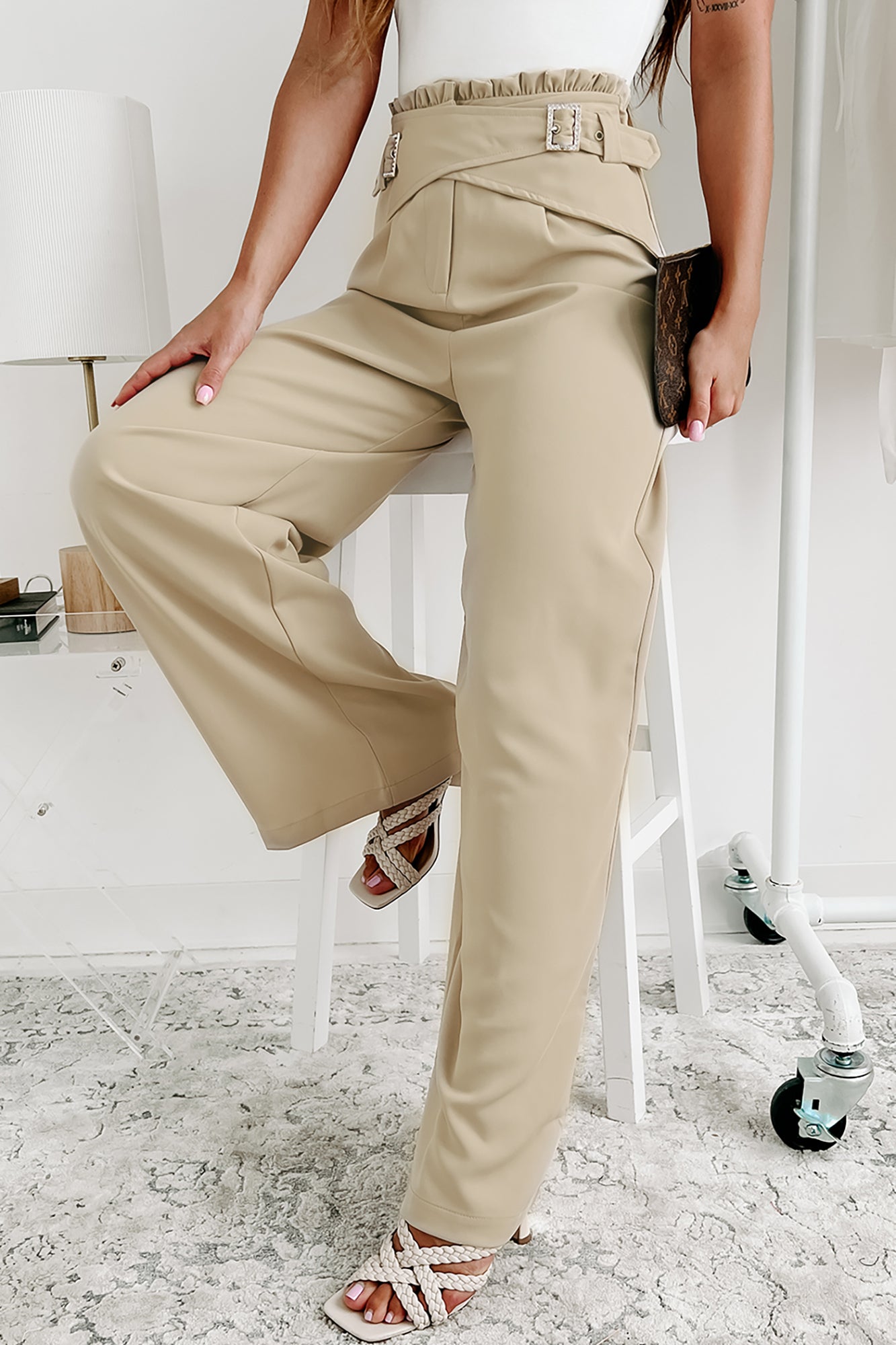 Successful Woman High Waist Wide Leg Pant With Cross-Over Belt (Beige)