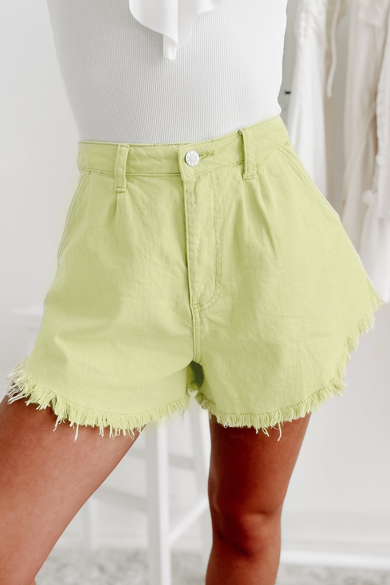 Becky High Waist Frayed Hem Denim Shorts (Spring Green) - NanaMacs